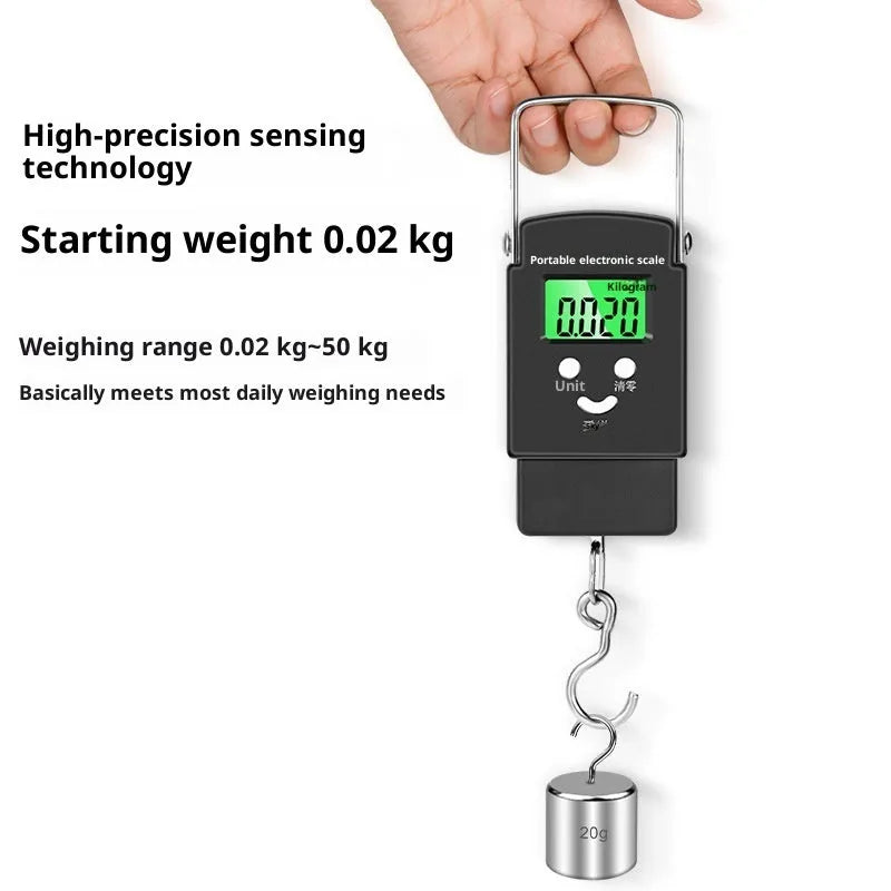 Mini handheld electronic scale with blue backlight display, 50kg capacity, plastic body, English or Chinese text option