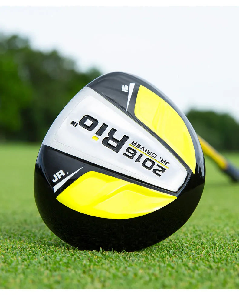 Children's golf club set with forged aluminium wood, carbon shafts, ball bag, tee, black and white finish