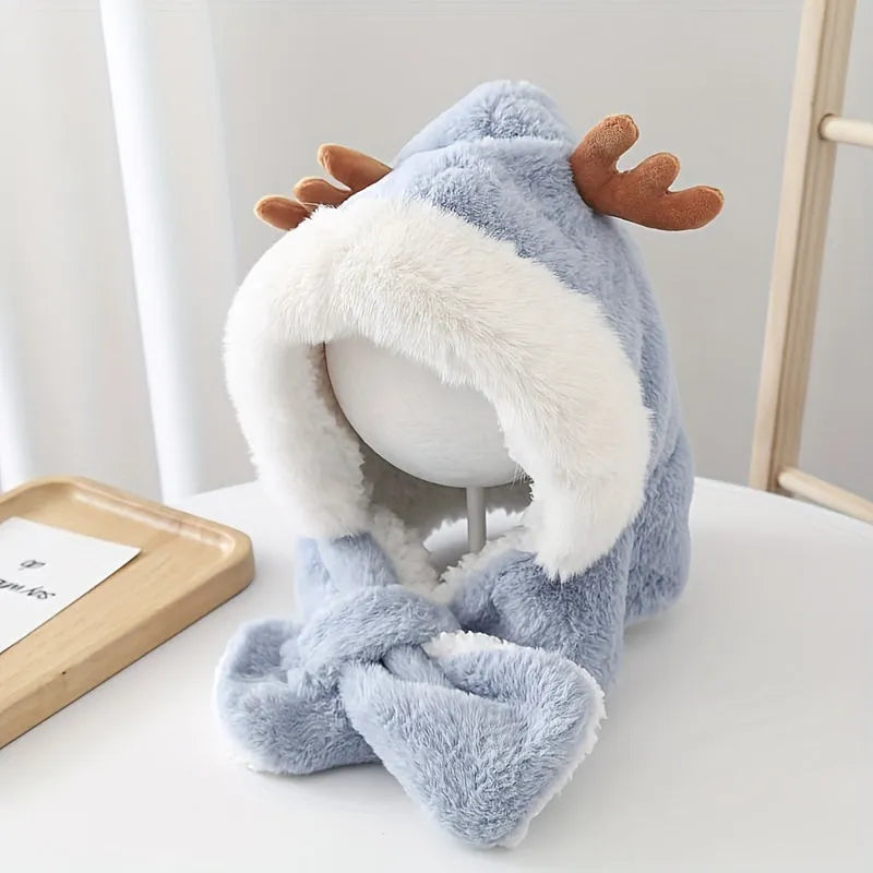 Cute deer plush winter hat with scarf for girls, 44-54cm, in blue, khaki, pink, or white.
