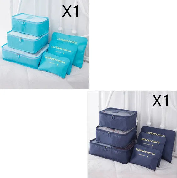 6 PCS travel storage bag set in polyester with handbag shape, multiple colour options for clothes and cosmetic organisation