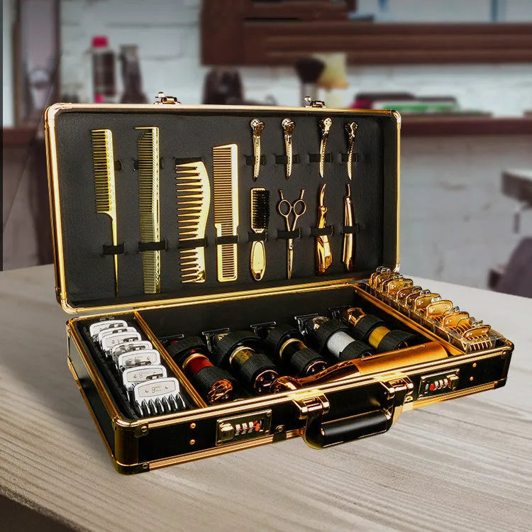 Black PVC storage box for hair tools with measurements showing 55cm length and 27cm height.