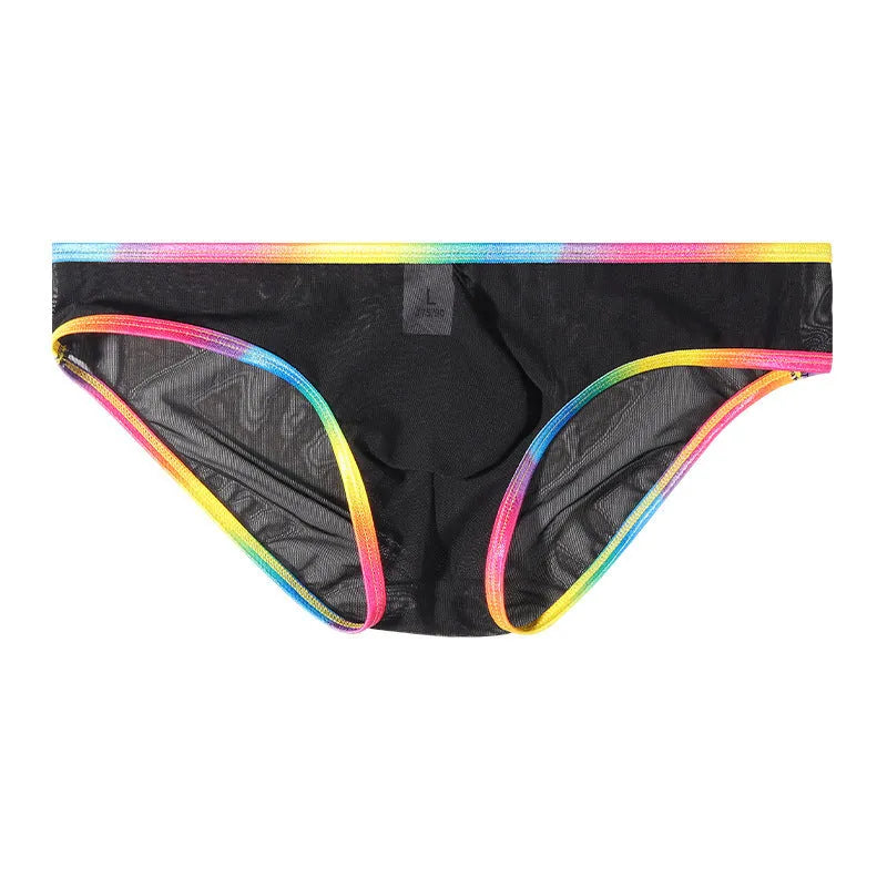 Mesh nylon briefs in six colours showing transparent knitted fabric and briefs style