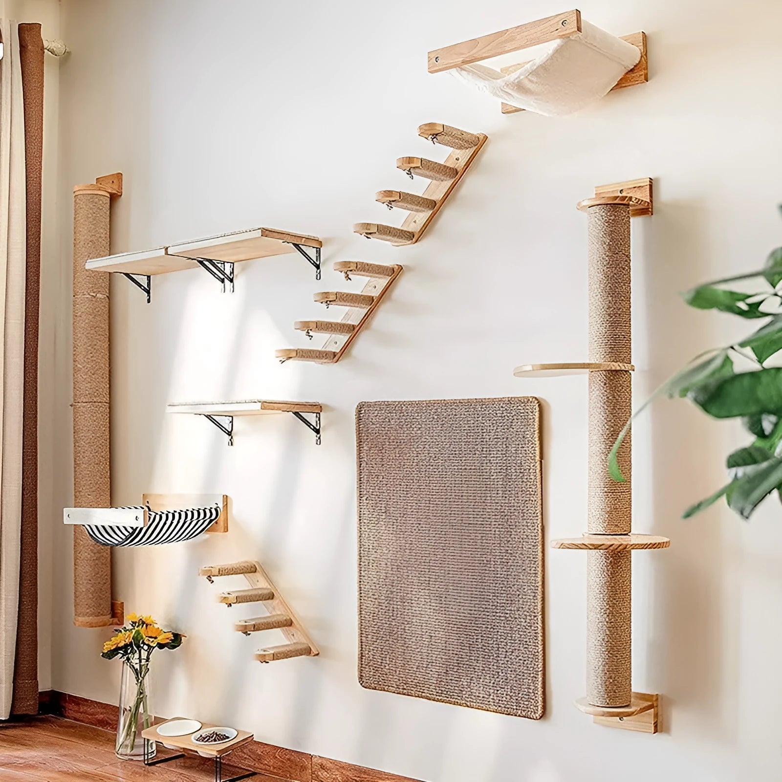 Wall-mounted wooden cat jumping platform with flax cordage scratching post