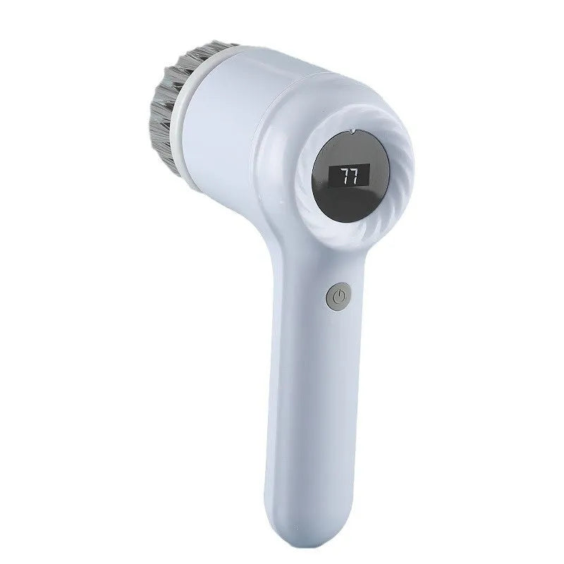 USB electric cleaning brush in light grey or purple colour with interchangeable cleaning heads