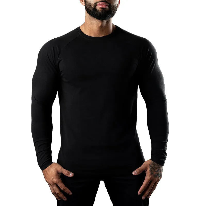 Men's long sleeve cotton sports T-shirt in Army Green with round neck and quick-drying properties