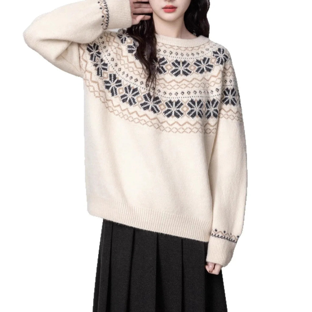 Milky White women's vintage Fair Isle geometric pattern pullover sweater with a loose fit and crew neck.
