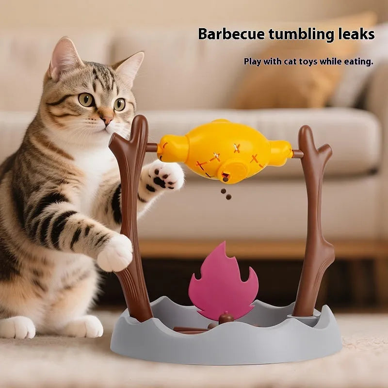 Tumbling plastic cat feeder toy for slow feeding and play, shown in dimensions of 30 by 29 centimetres.