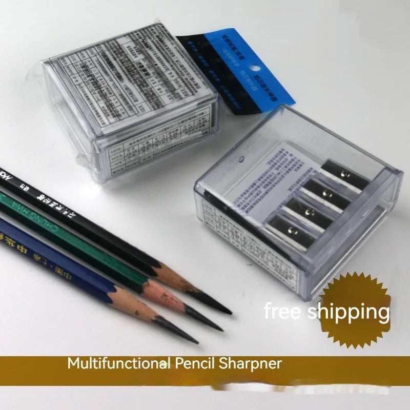 Geometric four-hole plastic pencil sharpener with spare blades and a screwdriver on a white background