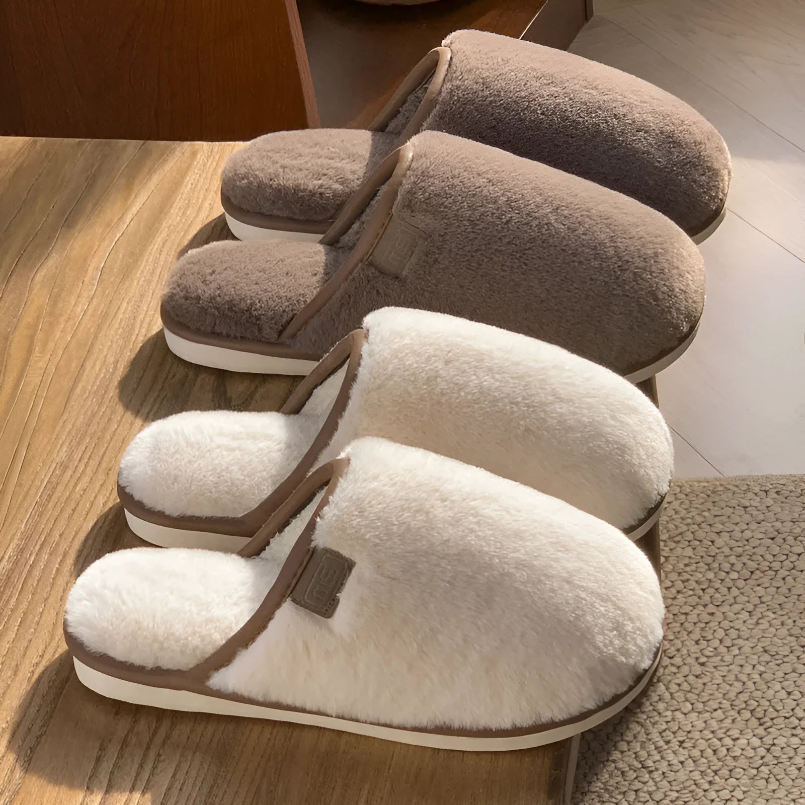 Blue unisex winter plush PVC house slippers with car stitching and a non-slip sole.