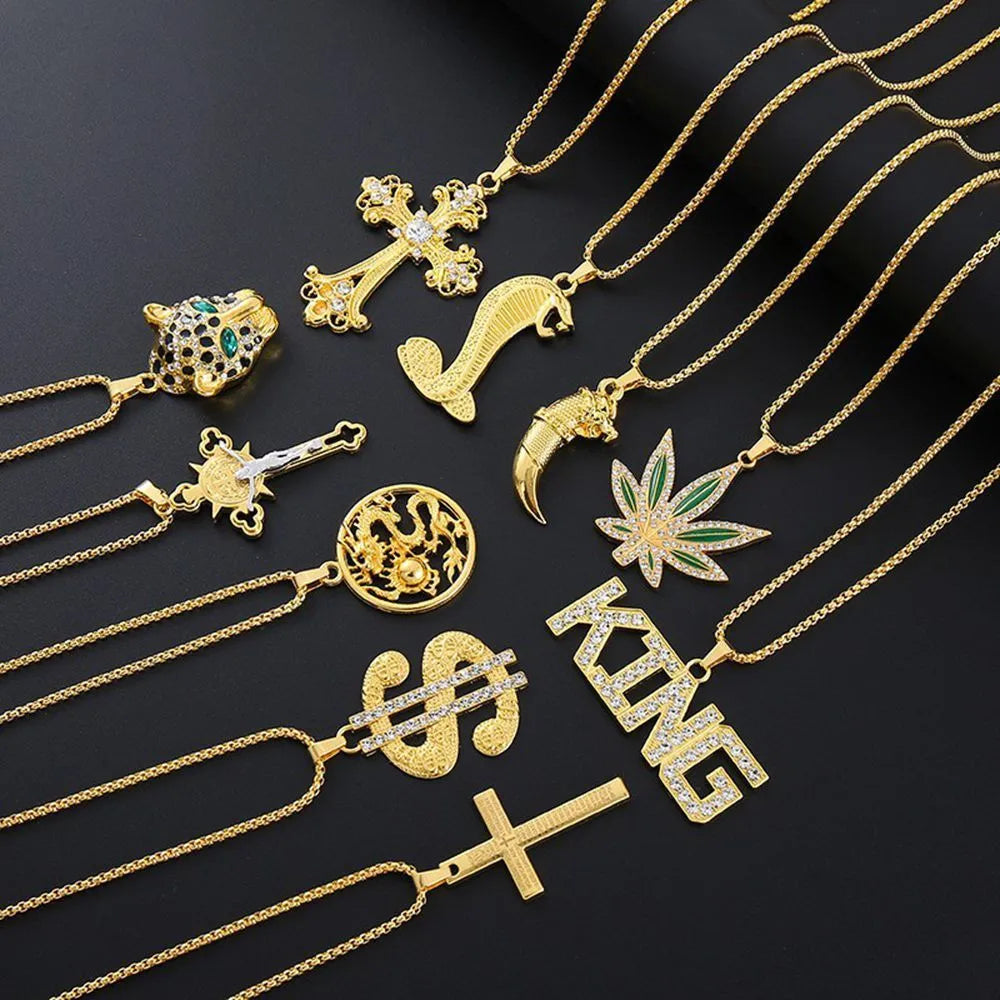 Geometric gold colour alloy pendant necklace with inlaid zircon accents