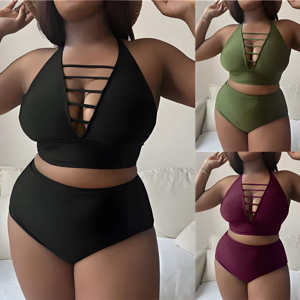 Plus size black halter bikini set with adjustable cross straps and high-waisted briefs.