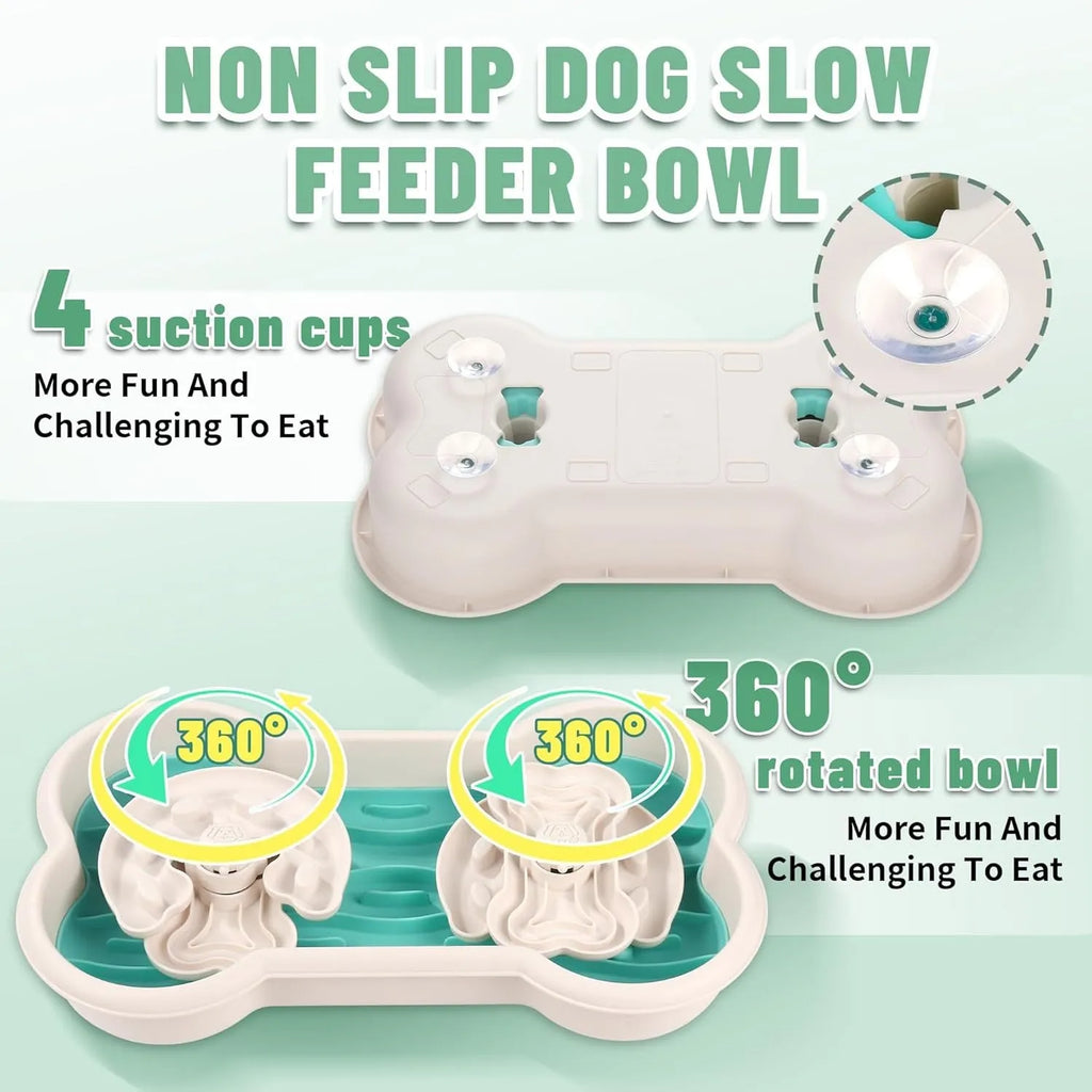 Large green slow feeder dog bowl with three rotating puzzle trays and anti-slip suction cups