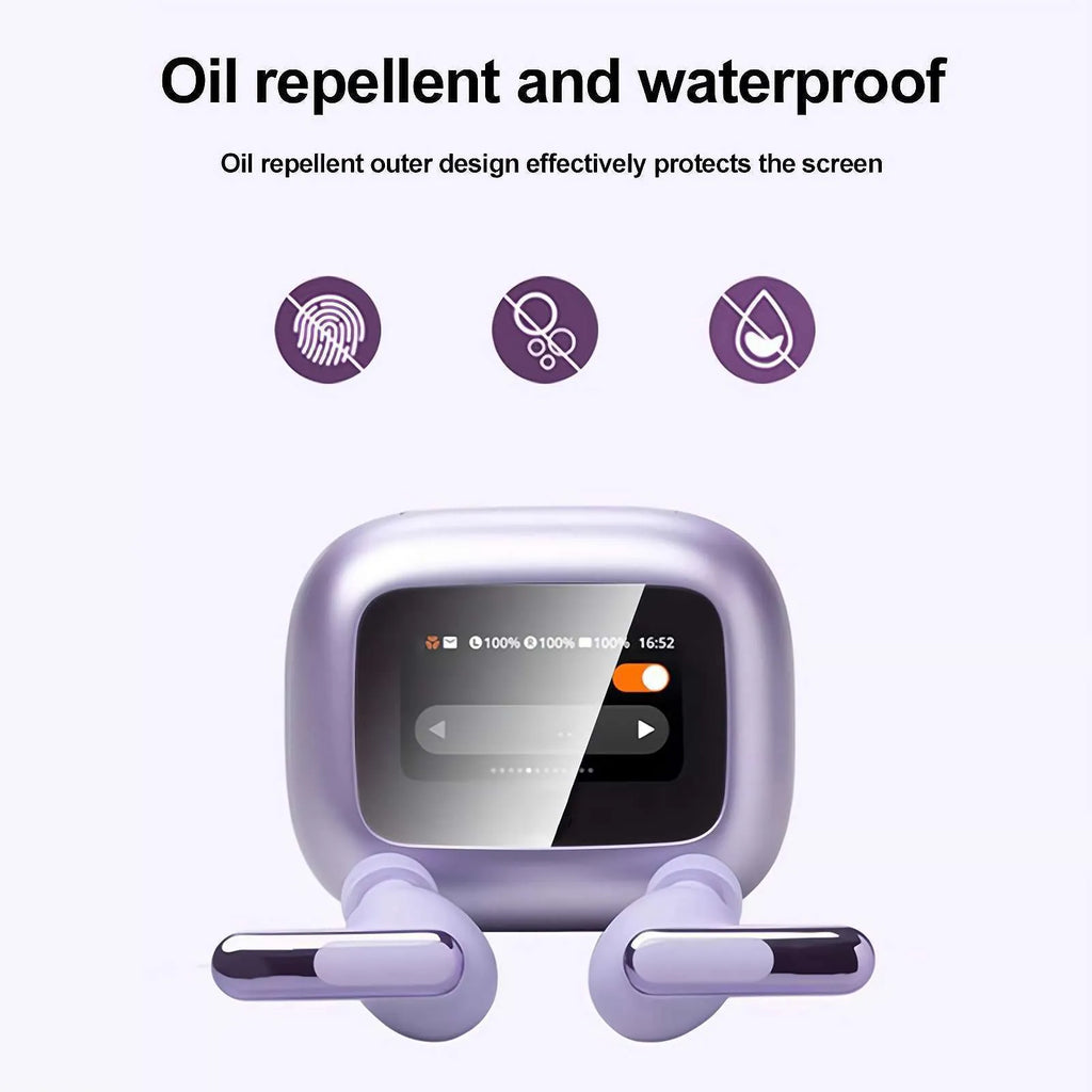 Transparent Bluetooth headset protective film on a table, showing its compact size and clear finish