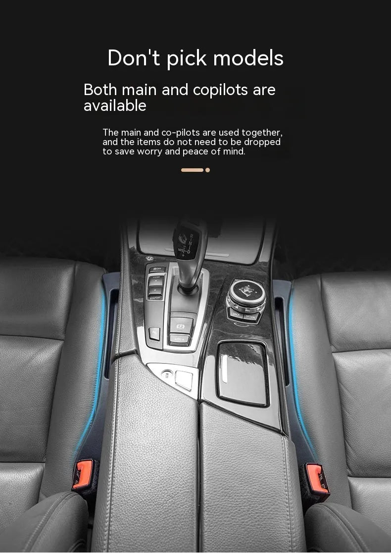 Black car seat gap storage box organiser between vehicle front seats with customisable handles