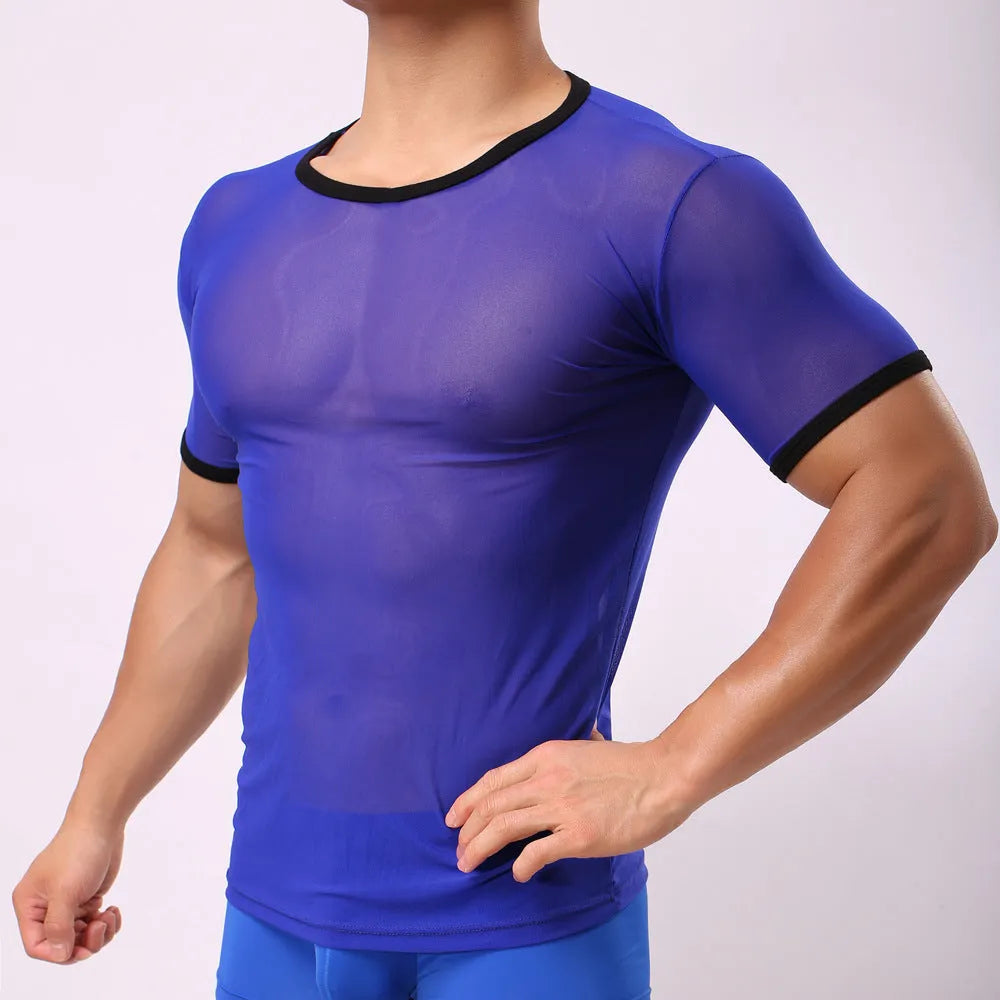 Men's slim fit transparent mesh short-sleeved t-shirt in solid colours on a hanger