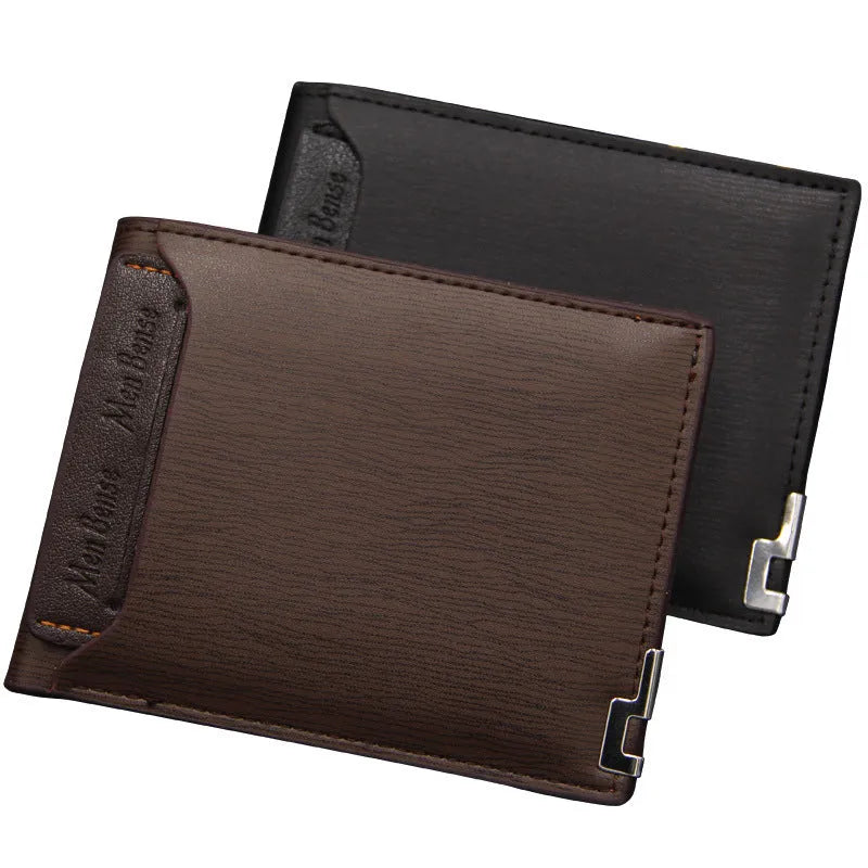 Men's black PU leather short wallet with iron-edge card-picking feature, shown with cards and coins.