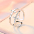 Women's adjustable double cross geometric copper ring with zircon stone in sterling silver setting