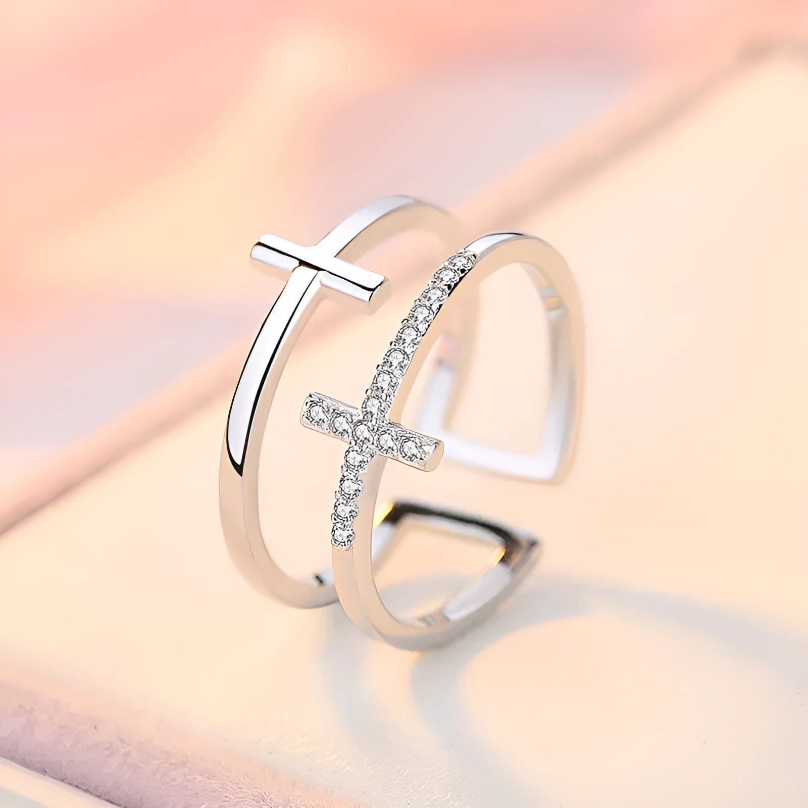 Women's adjustable double cross geometric copper ring with zircon stone in sterling silver setting