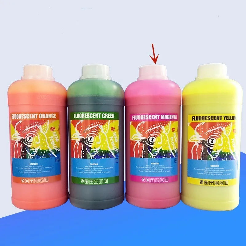 Fluorescent sublimation ink bottles for PET film printing in red, yellow, orange, green colours