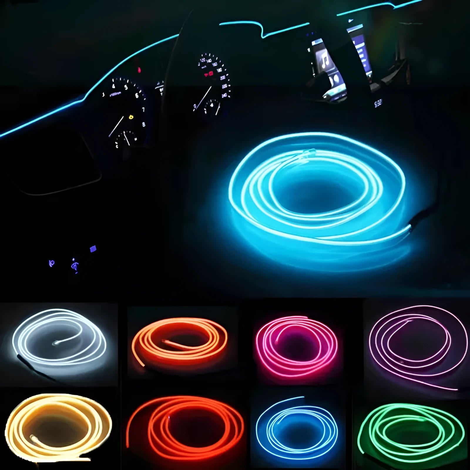 6-metre long USB-powered LED light strip for car interior ambient lighting in various colour options.