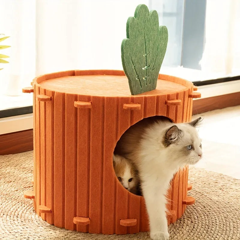 Orange carrot-shaped felt cat bed tunnel with entrance hole, shown in medium and large sizes.