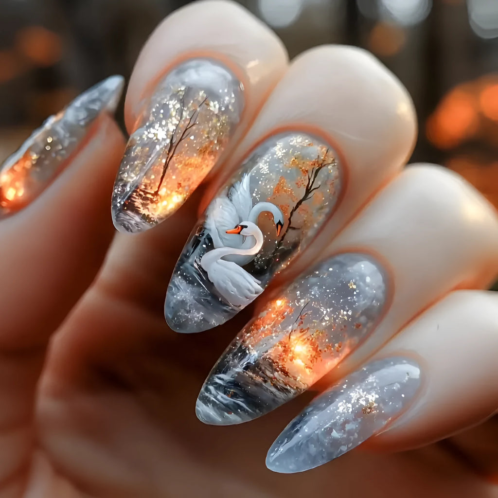 WM-43 Swan Lake Dance medium almond false nails with starry sky pattern, glue type plastic wearable armour set