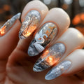 WM-43 Swan Lake Dance medium almond false nails with starry sky pattern, glue type plastic wearable armour set