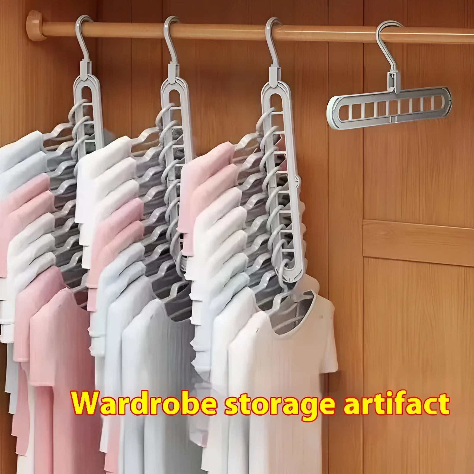 Plastic nine-hole folding clothes hanger for trousers in green, blue, pink, beige, and grey colour options.