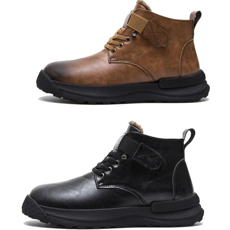 Men's black and brown Martin high-top platform boots with artificial PU uppers and rubber soles