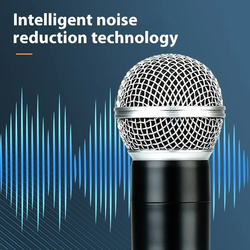 Black VHF one-to-two wireless karaoke microphone system with two handheld mics and regulator