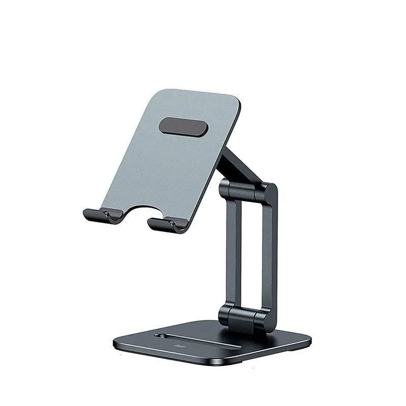 Deep space grey aluminium folding stand supporting a tablet at an angle