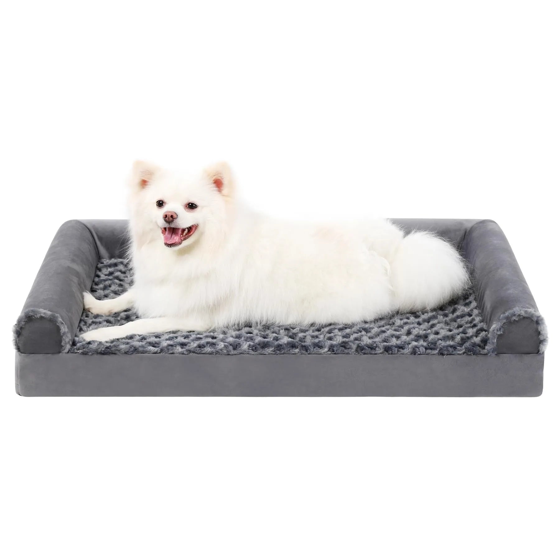 Grey U-shaped removable cover dog sofa for pets on a wooden floor