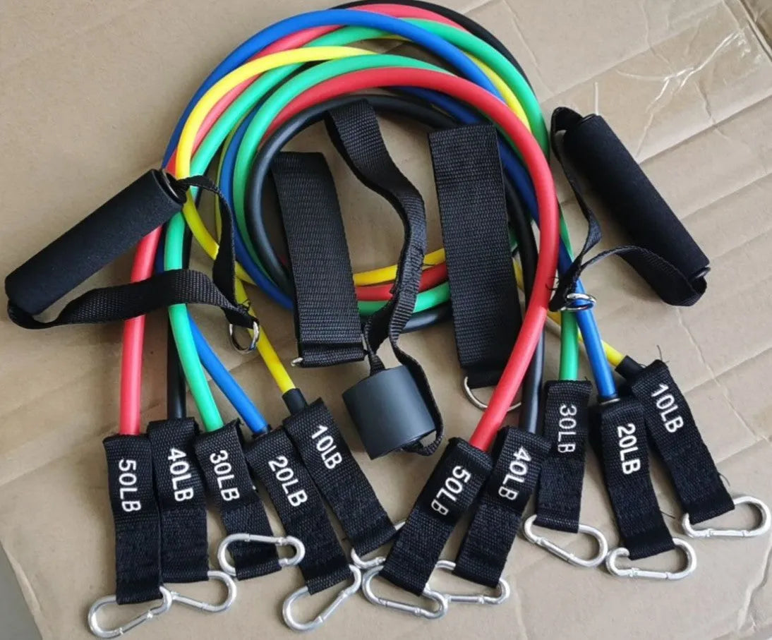 11 piece TPE latex tensioner set for home fitness with colour-coded resistance bands