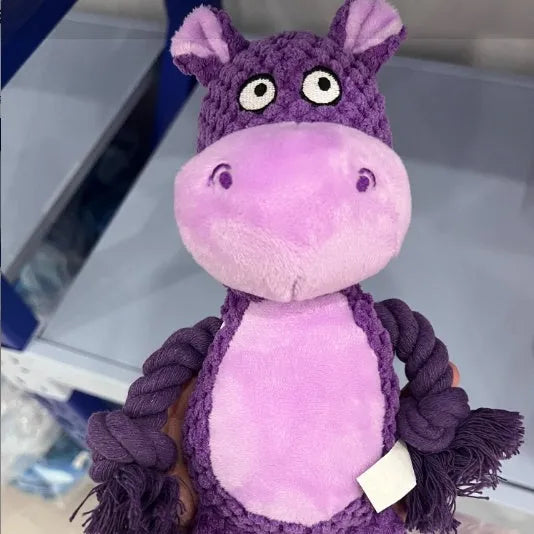 Hippo design plush dog toy with cotton rope sections for tug of war games