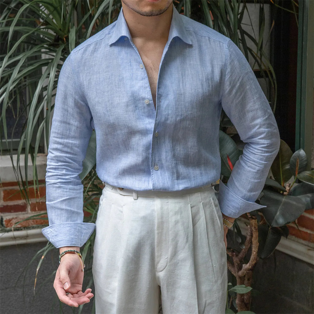 One Neckline Slim Fit Shirt For Men in blue, 100% linen fabric with semi-open collar, front view