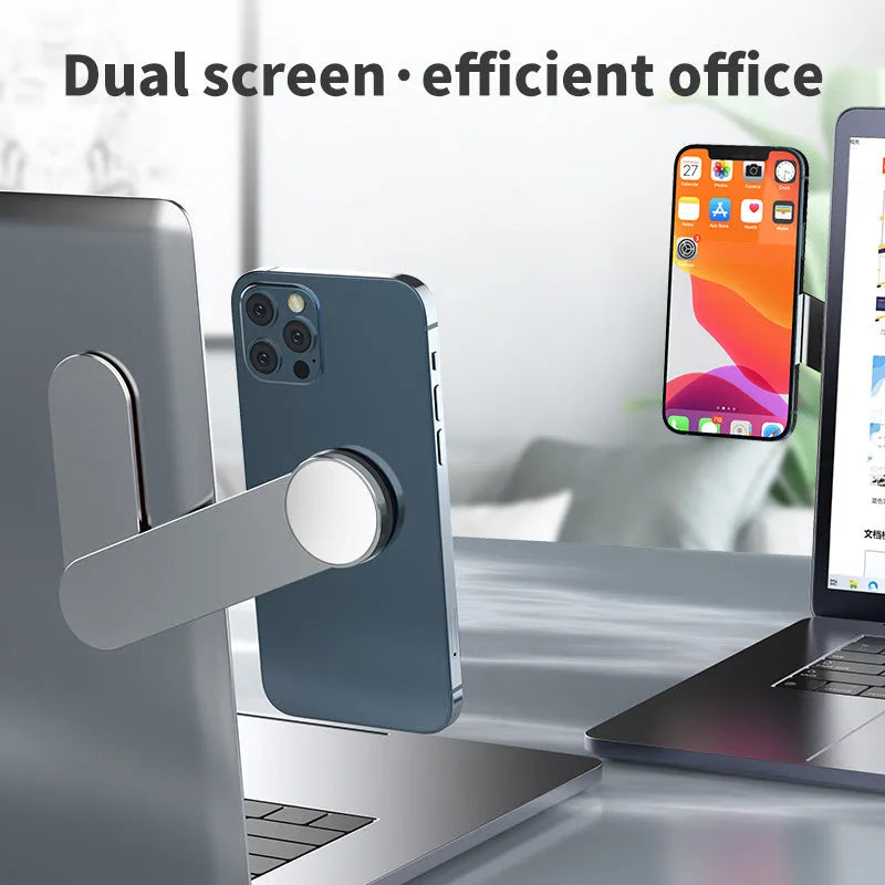 Silver aluminium alloy dual screen extension bracket with magnetic phone holder for desk mounting