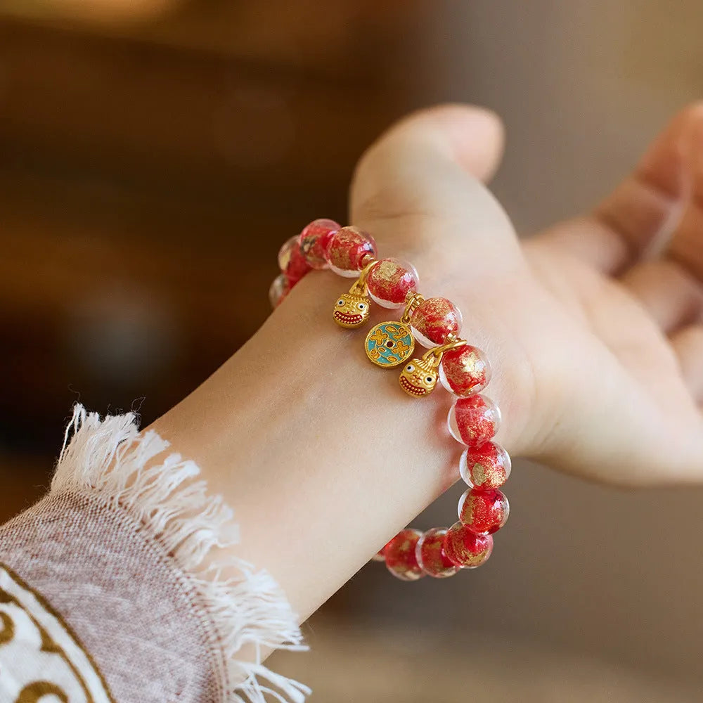 Handmade national style bracelet with geometric swallowing gold beast design in fragrant gray gold foil coloured glaze