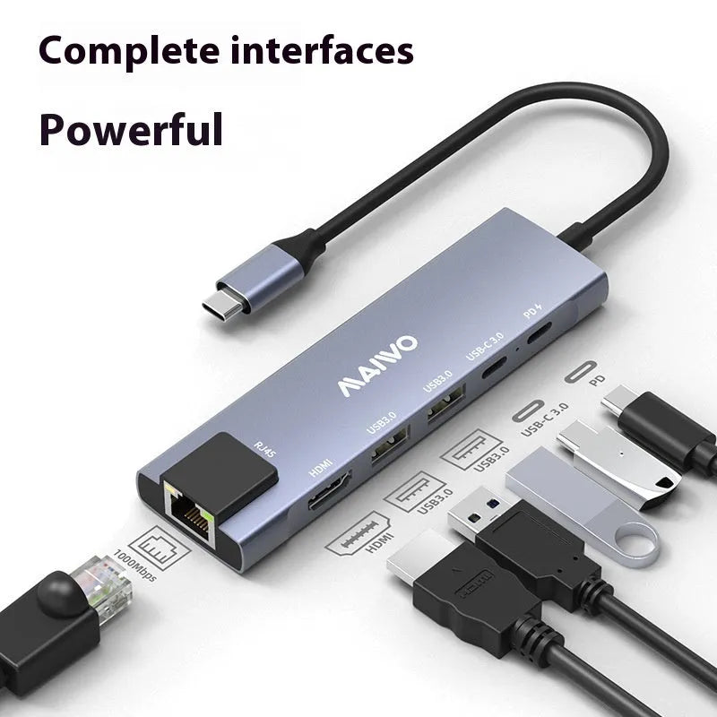 Aluminium Steam Deck docking station with six ports including HDMI, Ethernet, and USB, shown with a 15cm cable