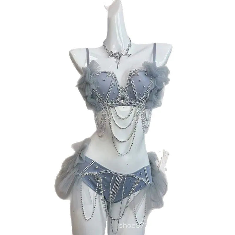 Smokey blue high-waisted bikini suit with chain detail and spandex fabric