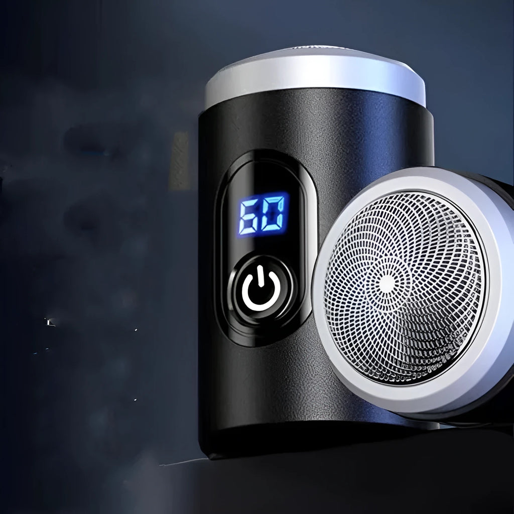 Black portable USB rechargeable shaver with LED display, shown with cleaning brush and cable.