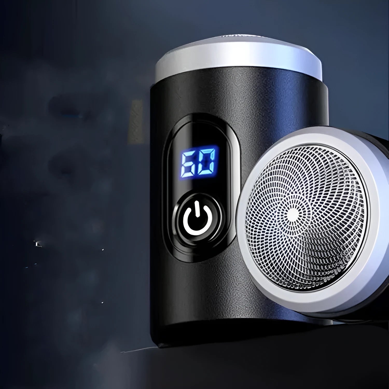 Black portable USB rechargeable shaver with LED display, shown with cleaning brush and cable.