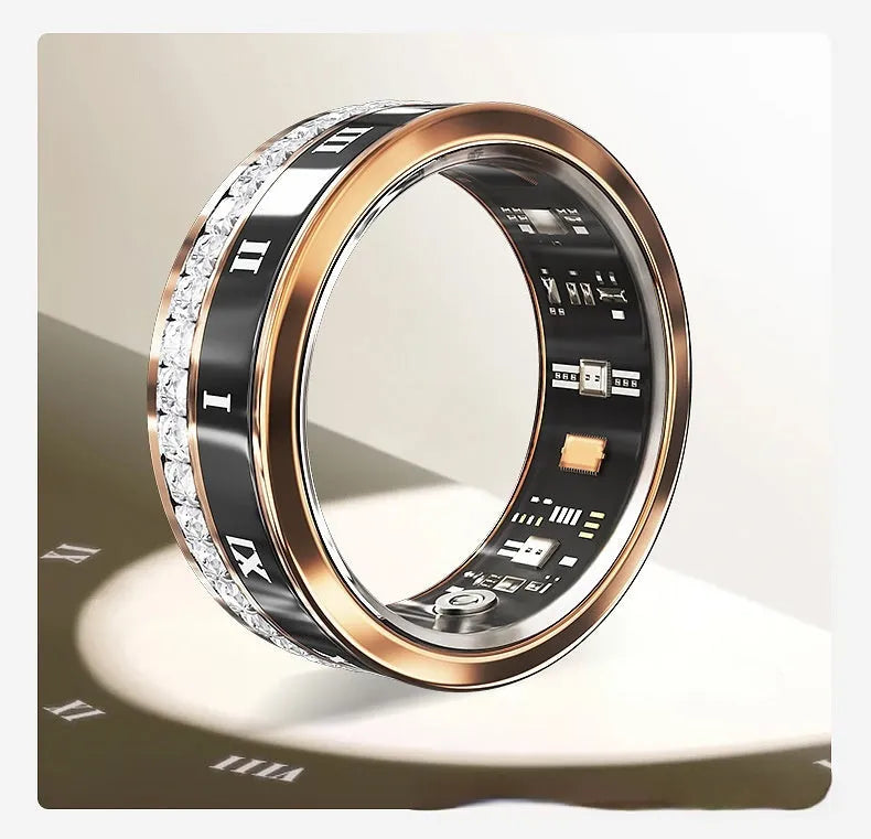 Silver and gold coloured smart ring on a finger showing health monitoring and blood oxygen tracking features.