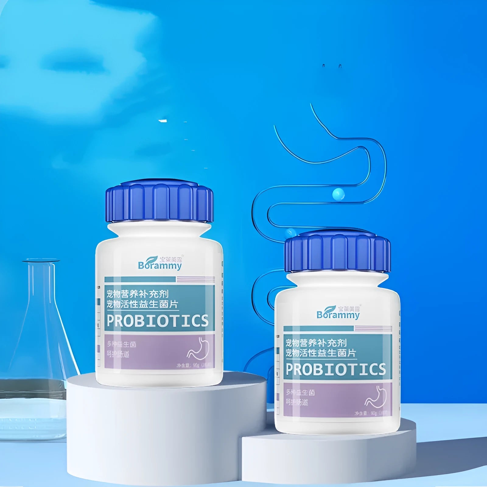 Bottle of 180 beef-flavoured probiotic tablets for pet digestive health.