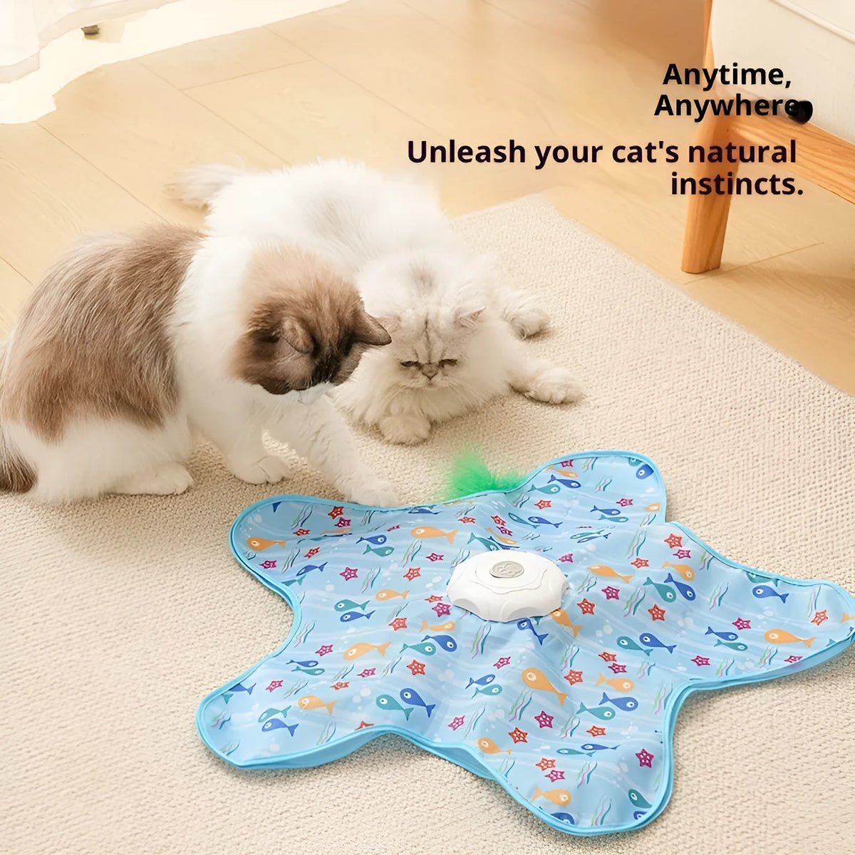 Electric cat hunting cover toy in PP, blue-fish or white-seaweed design, one set