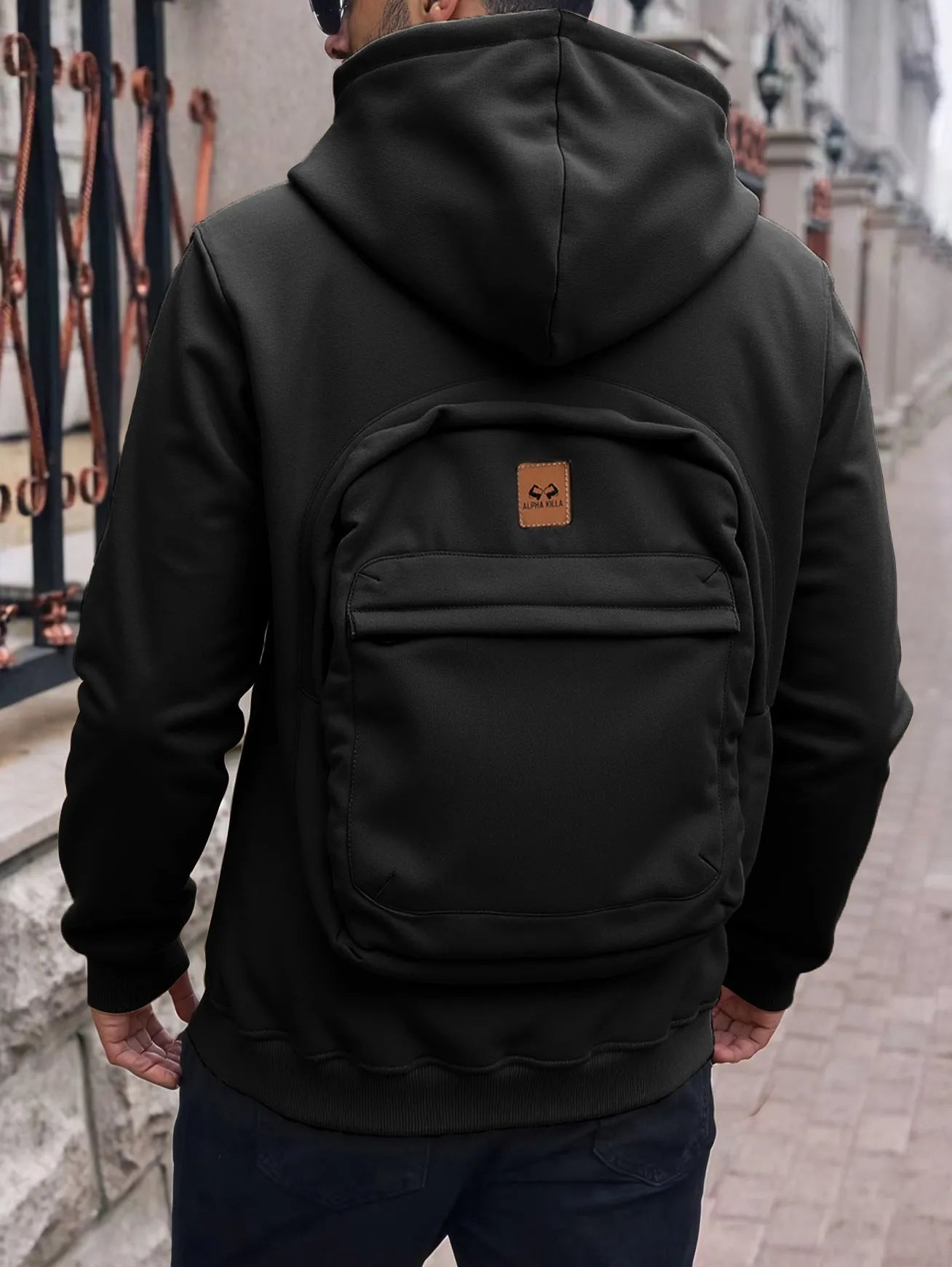 Casual loose-fitting hoodie cardigan back schoolbag sweater for men in light gray with stick pocket