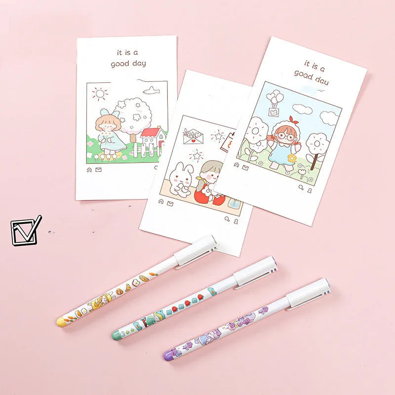 Twelve coloured cartoon-design gel pens with 0.5mm tips arranged in set