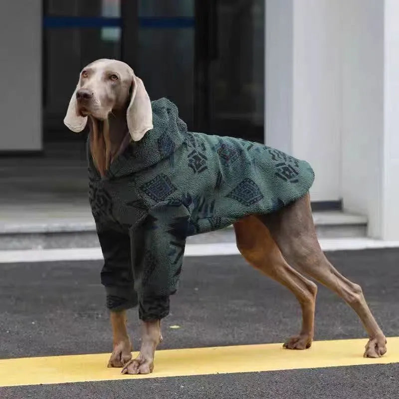 Thick arctic fleece winter coat for large dogs in beige apricot colour on a dog