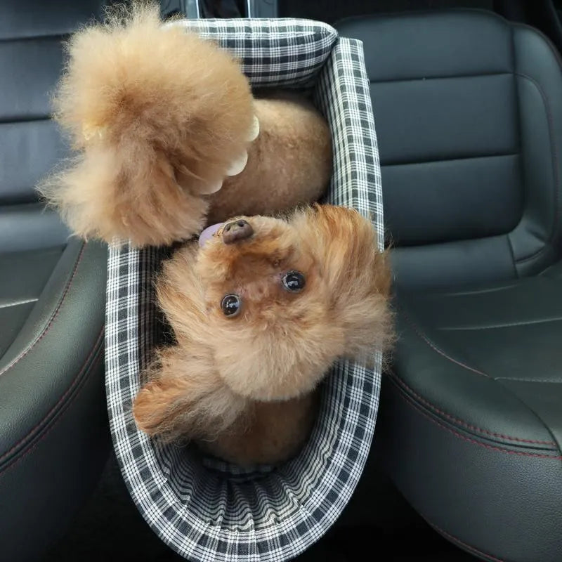 Portable nonslip pet car seat in mocha fabric on car central armrest for small dogs and cats