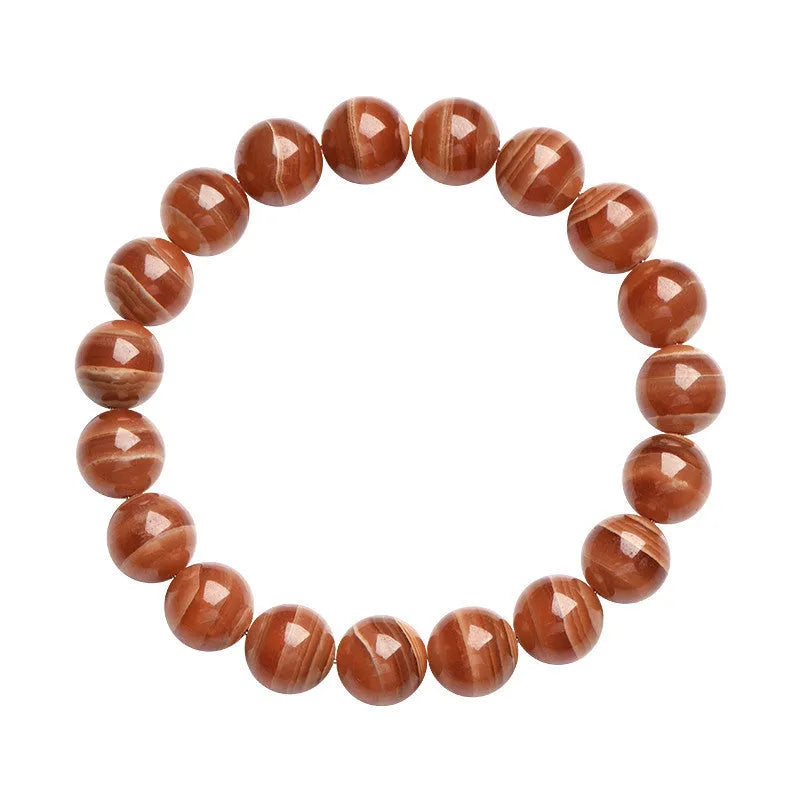 Natural old mine rhodochrosite round bead bracelet with Ruyi charm, shown in 6mm and 8mm sizes.