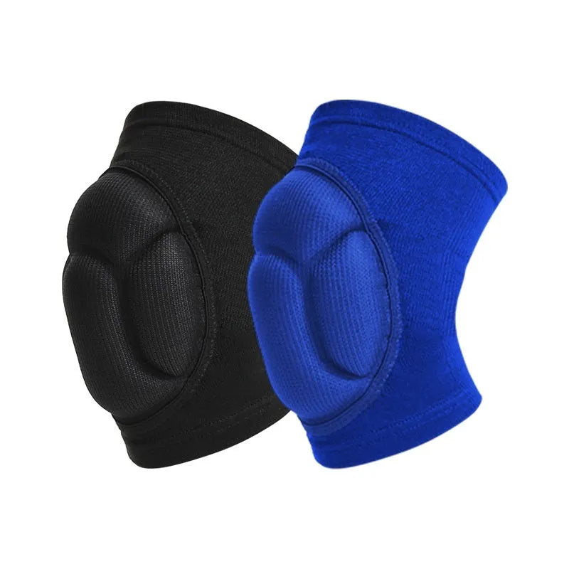 A pair of thick black and blue sponge kneepads for dance and sports knee protection.